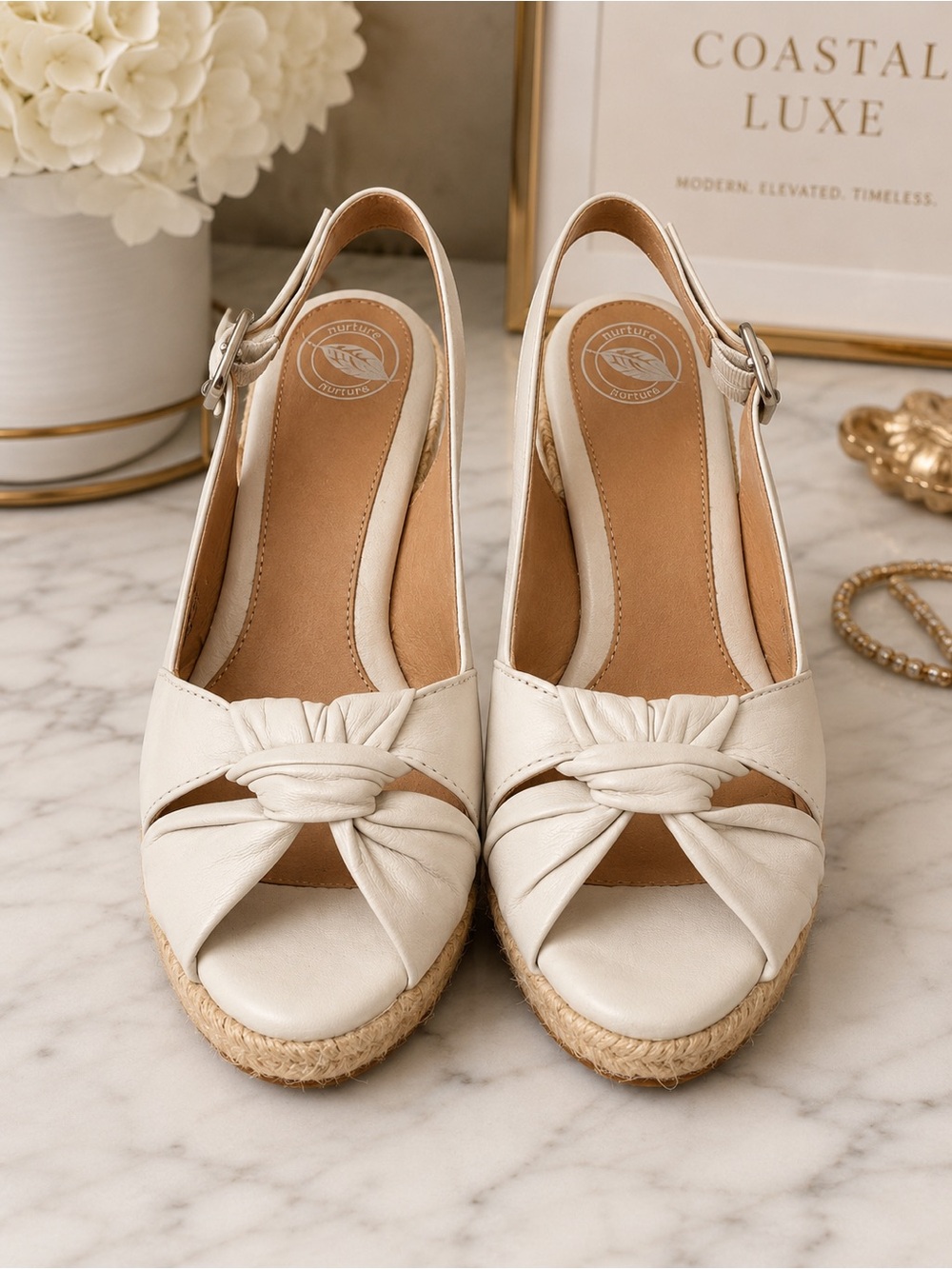 Nurture by Naturalizer Leather Ivory Knot Front Espadrille Slingback Wedge